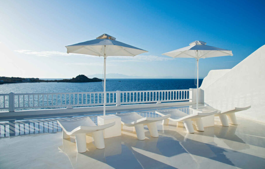 Terrasse, Petasos Beach Resort & Spa, Mykonos, Grèce.