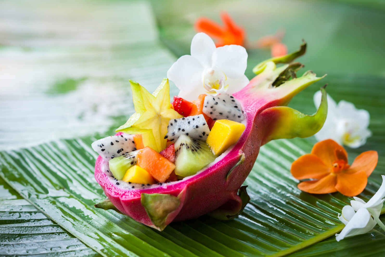 Salade de fruits exotiques servie dans un demi-fruit du dragon
