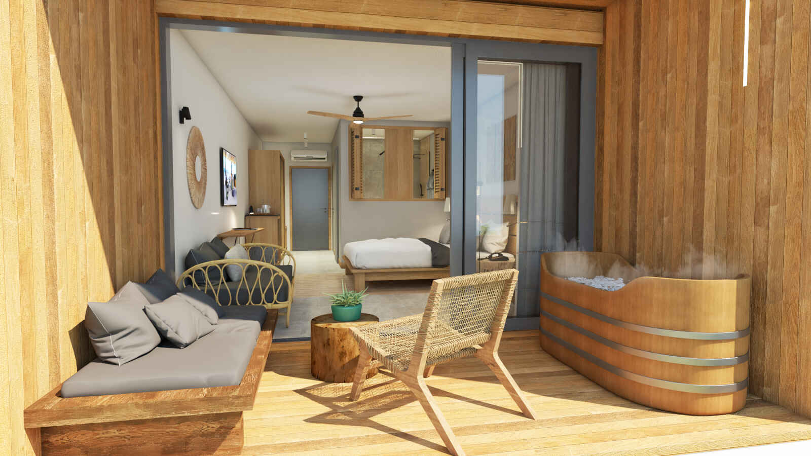 Terrasse et chambre à coucher, Chambre Premium, Papangue Hôtel & Spa, La Réunion