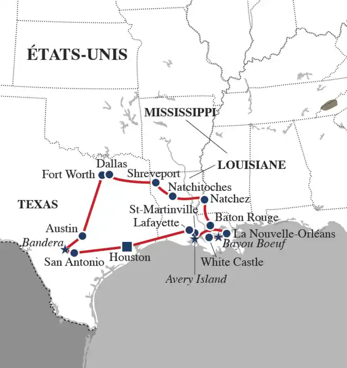 Carte Du Texas à la Louisiane