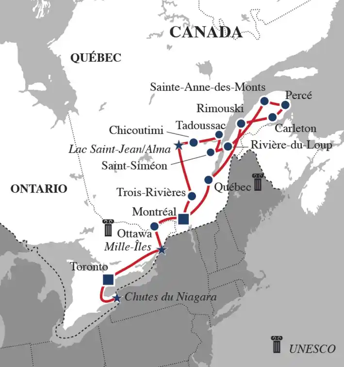Carte De Niagara aux rivages de Gaspésie