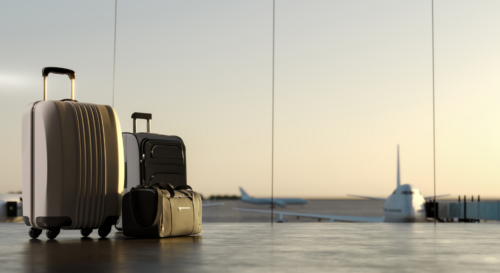 Travel concept background. Luggage at airport 3D Rendering, 3D Illustration