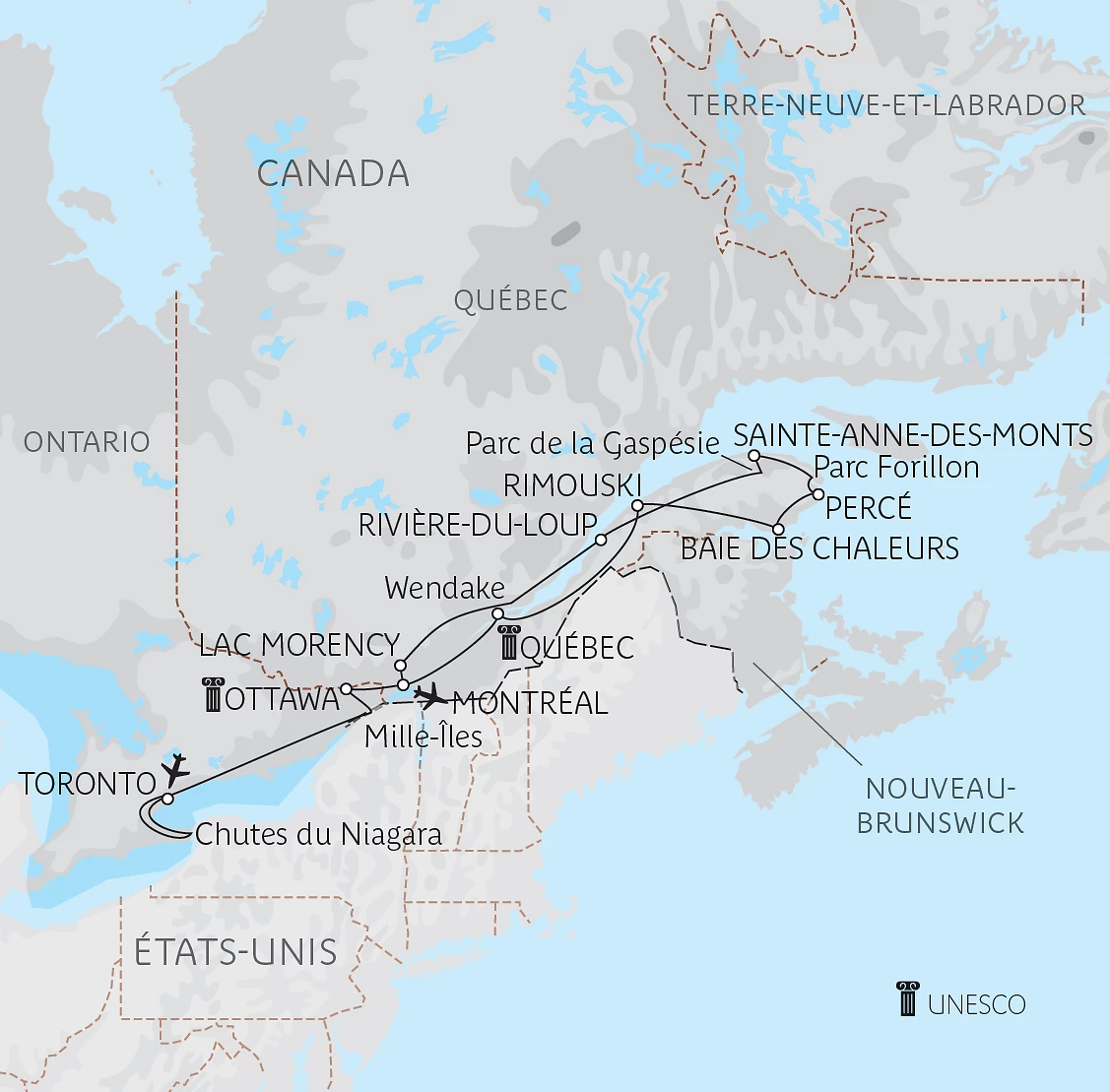 Carte De Niagara aux rivages de Gaspésie