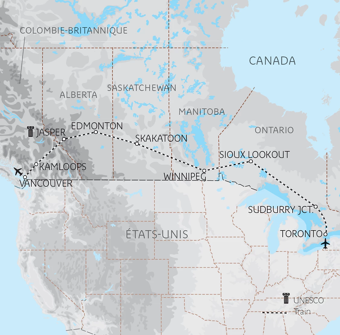 Carte Le Canada en train, d’est en ouest