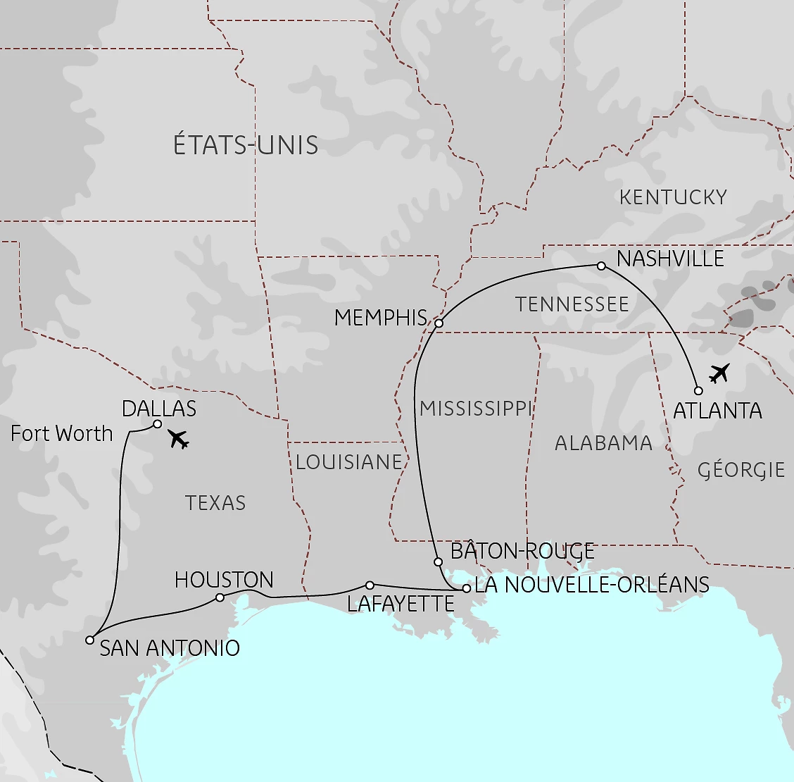 Carte Le Grand Sud des États-Unis