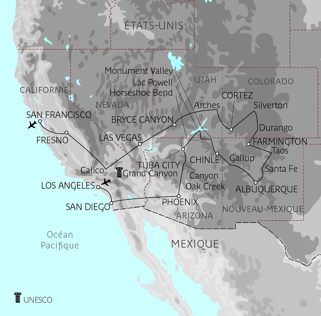 Carte De la Californie au Nouveau Mexique