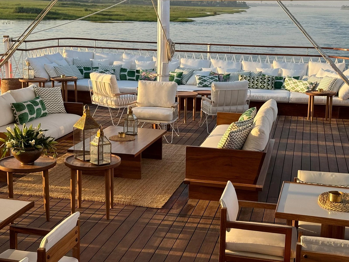 Lounge panoramique, Gaïa Dahabeya, Nil, Égypte