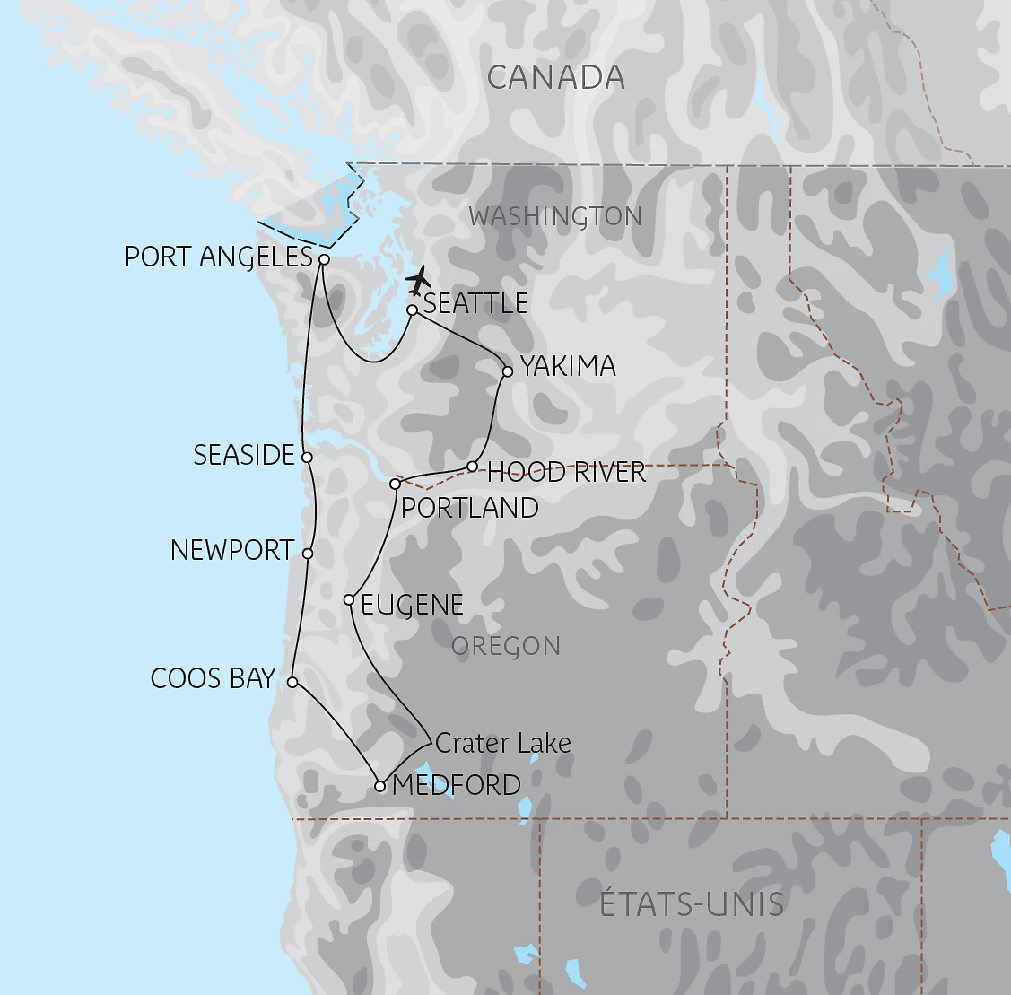 Carte De l’état de Washington à l’Oregon