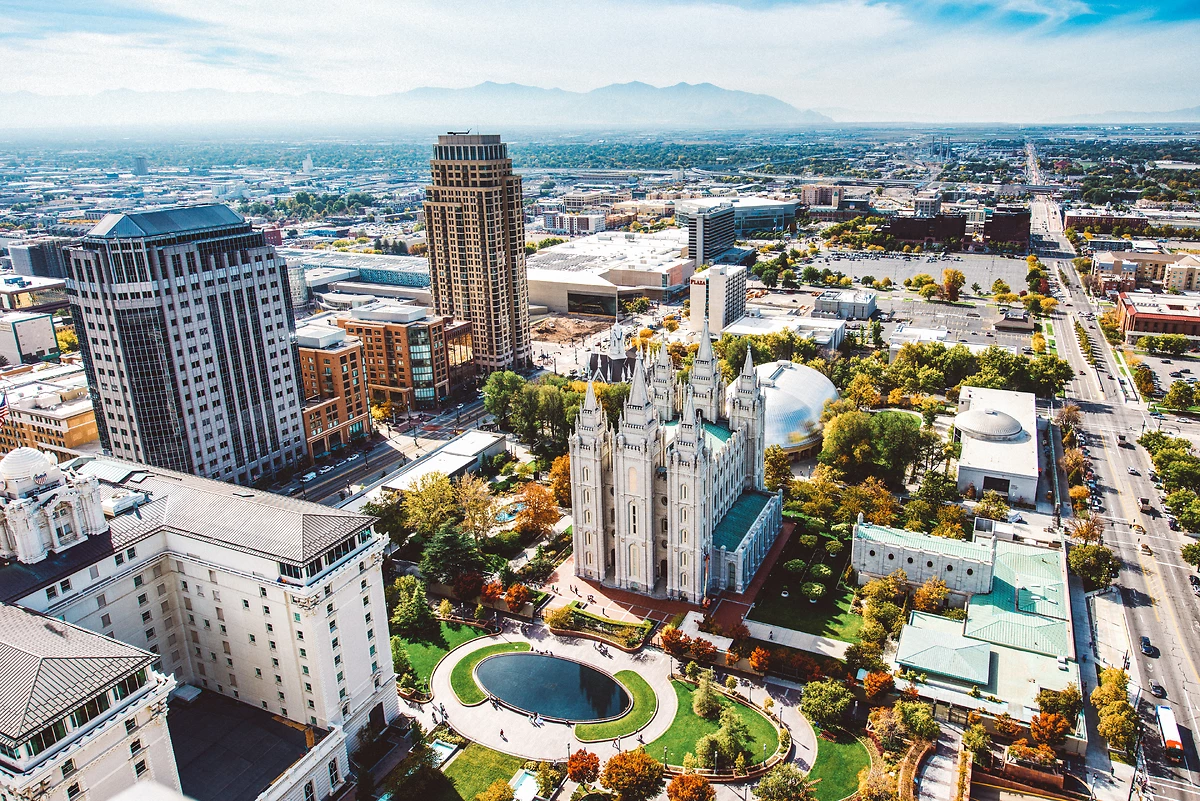 Vue aérienne sur Temple Square, Salt Lake City, Utah