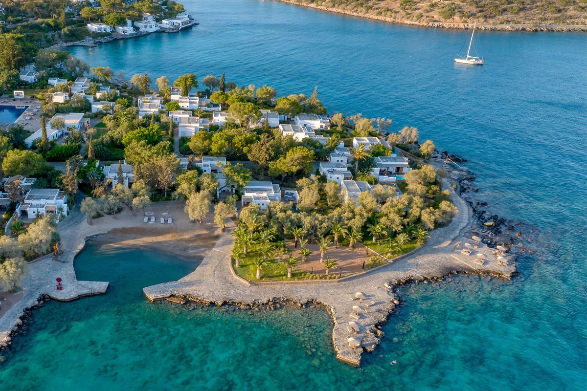 Vu aérienne de l'hôtel, Minos Beach Art Hotel, Crète, Grèce