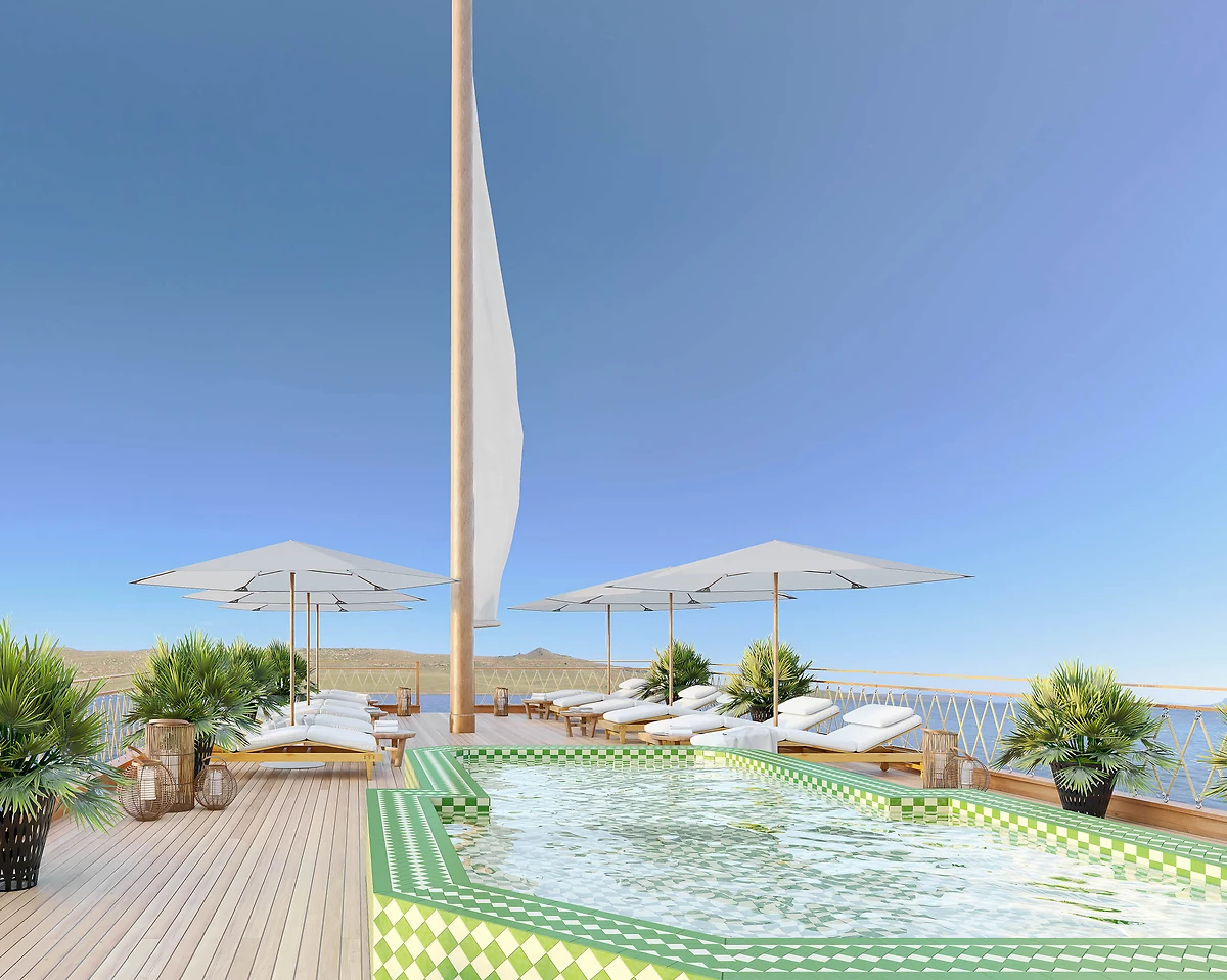 Terrasse avec la piscine, Gaïa Dahabeya, Nil, Égypte