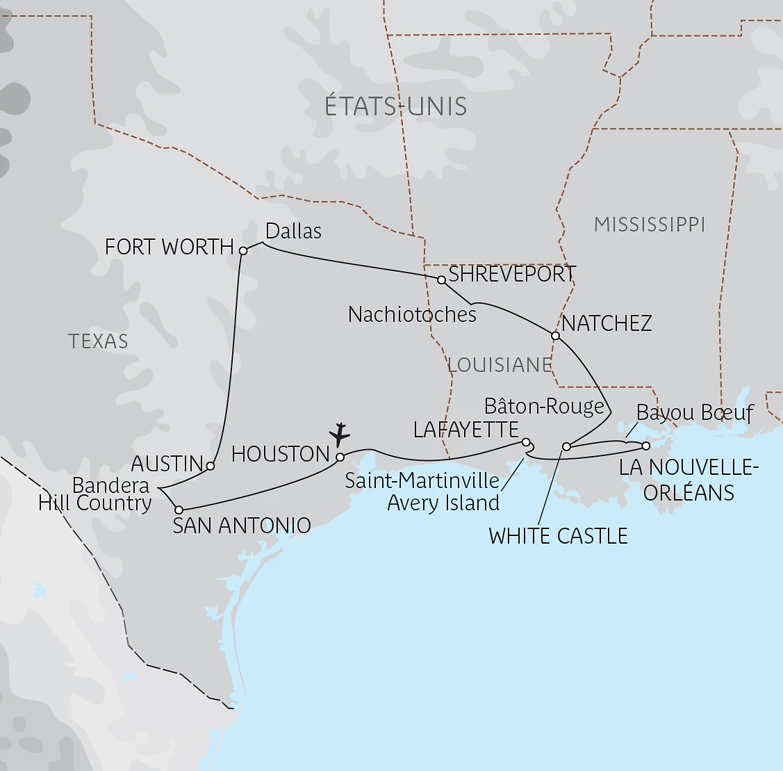 Carte Du Texas à la Louisiane en privé