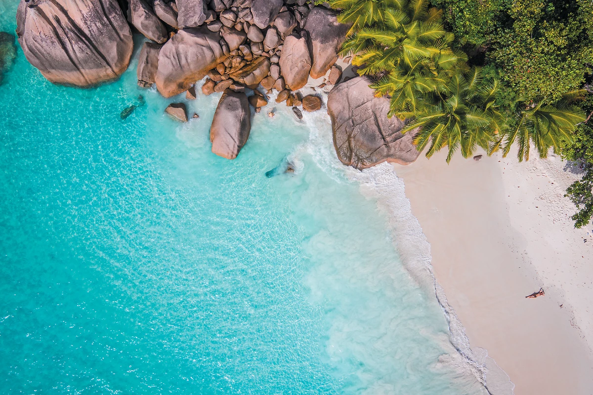 Plage de sable blanc, rochers, palmiers et mer turquoise, Seychelles