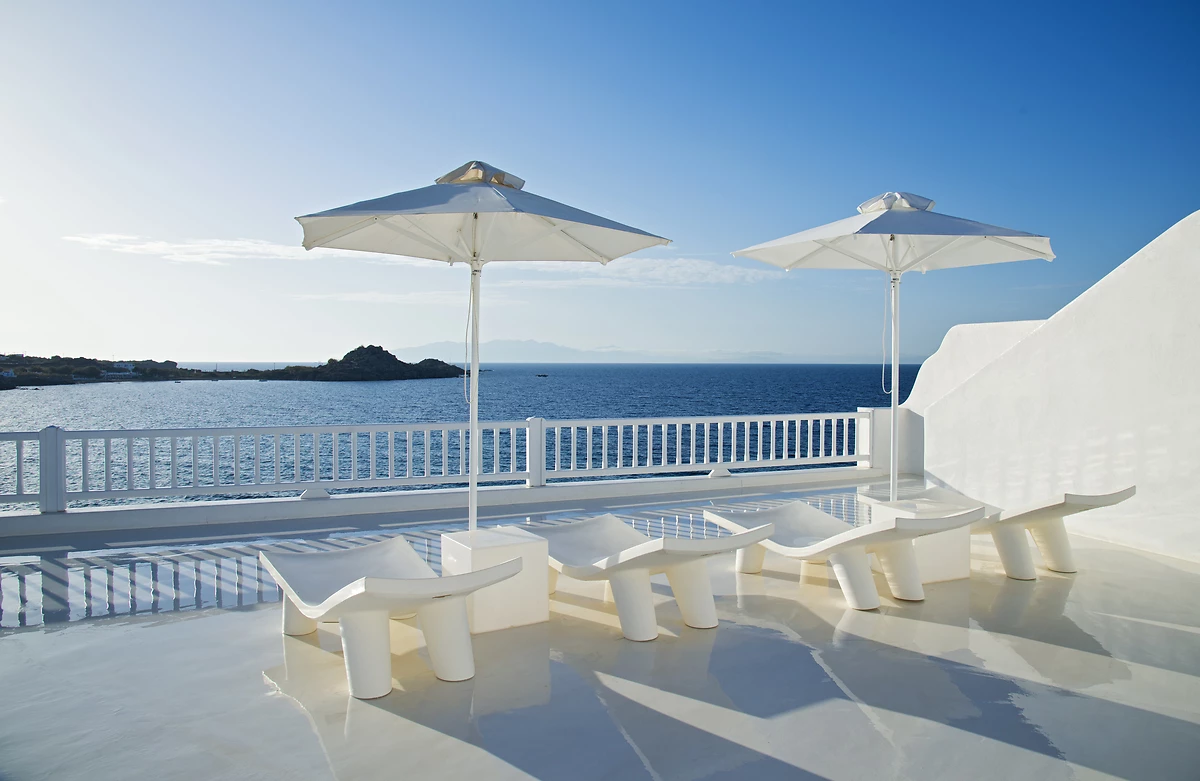 Terrasse, Petasos Beach Resort & Spa, Mykonos, Grèce.