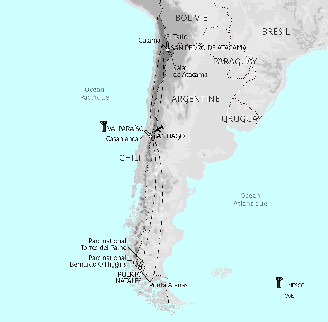 Carte Chili du nord au sud