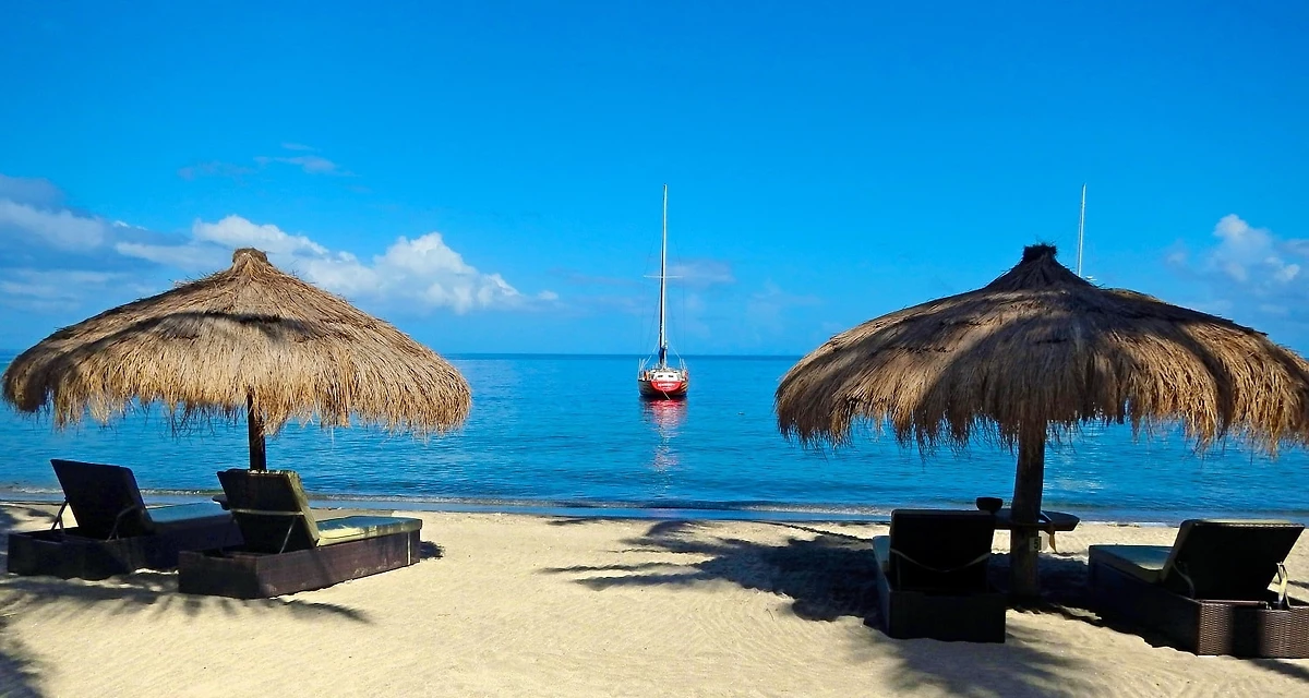 Plage et transats, Anse Chastanet, Sainte-Lucie, Antilles