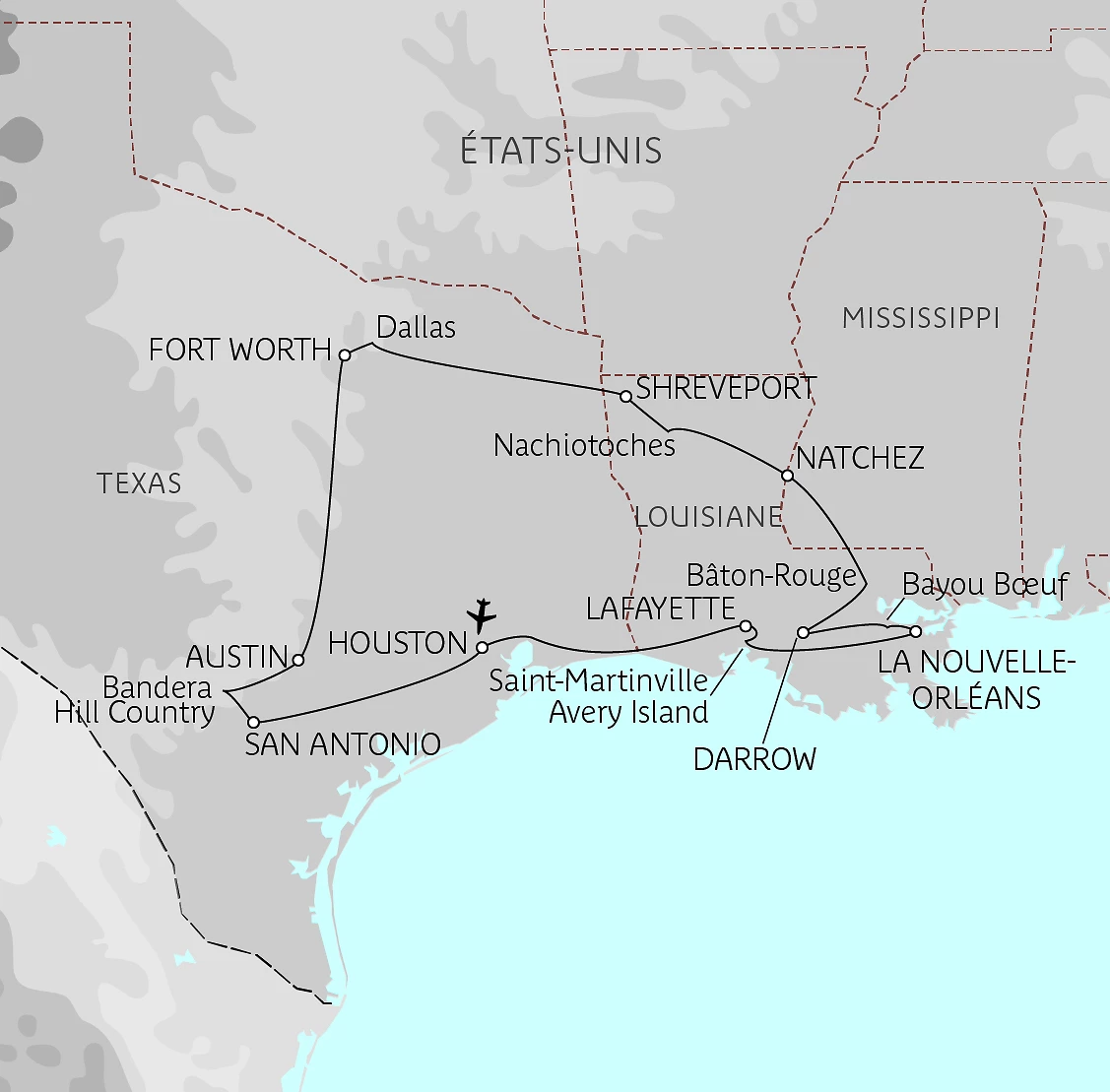 Carte Du Texas à la Louisiane