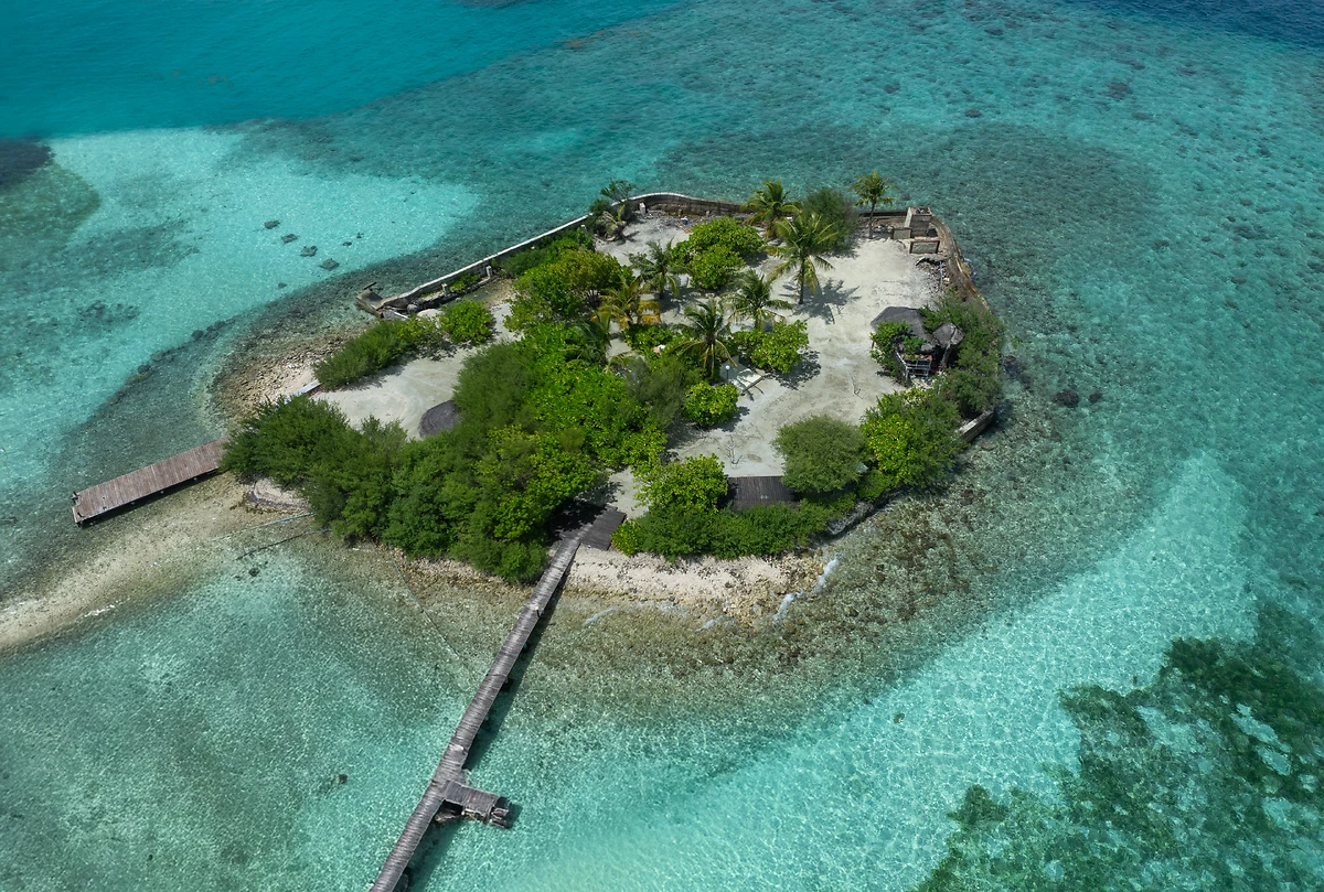 Vue aérienne d'un bout de l'île, Adaaran Select Hudhuran Fushi, Atoll de Malé, Maldives