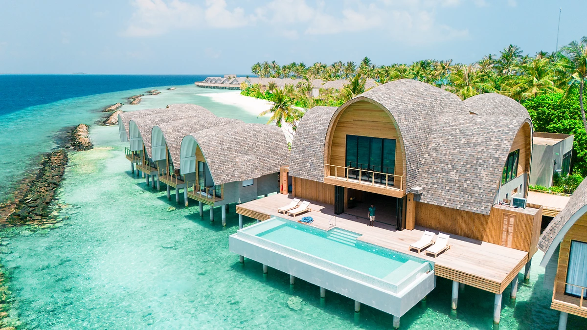 Vue aérienne des villas, Ananea Madivaru Maldives, Atoll d'Ari, Maldives