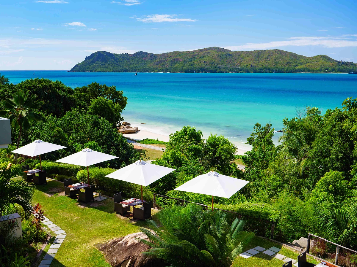 Vue aérienne plage, Raffles Seychelles, Praslin, Seychelles