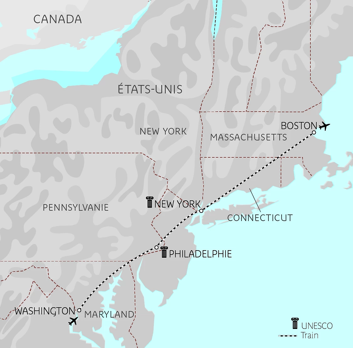 Carte L’Est américain en train