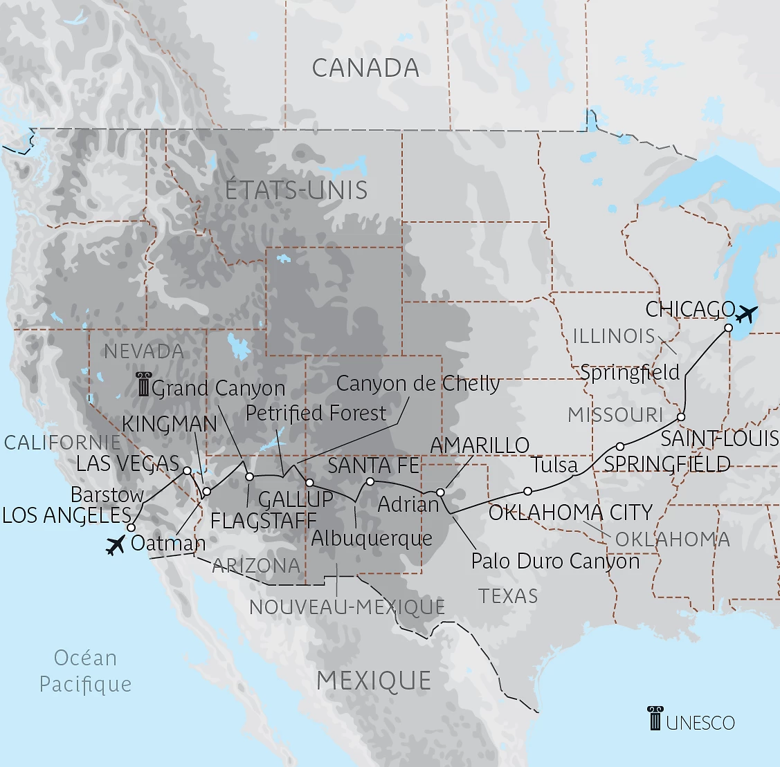 Carte Centenaire de la Route 66 – De Los Angeles à Chicago