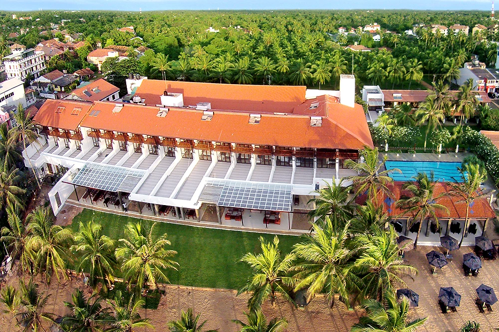 Vue aérienne du bâtiment principal, Goldi Sands Hotel, Sri Lanka