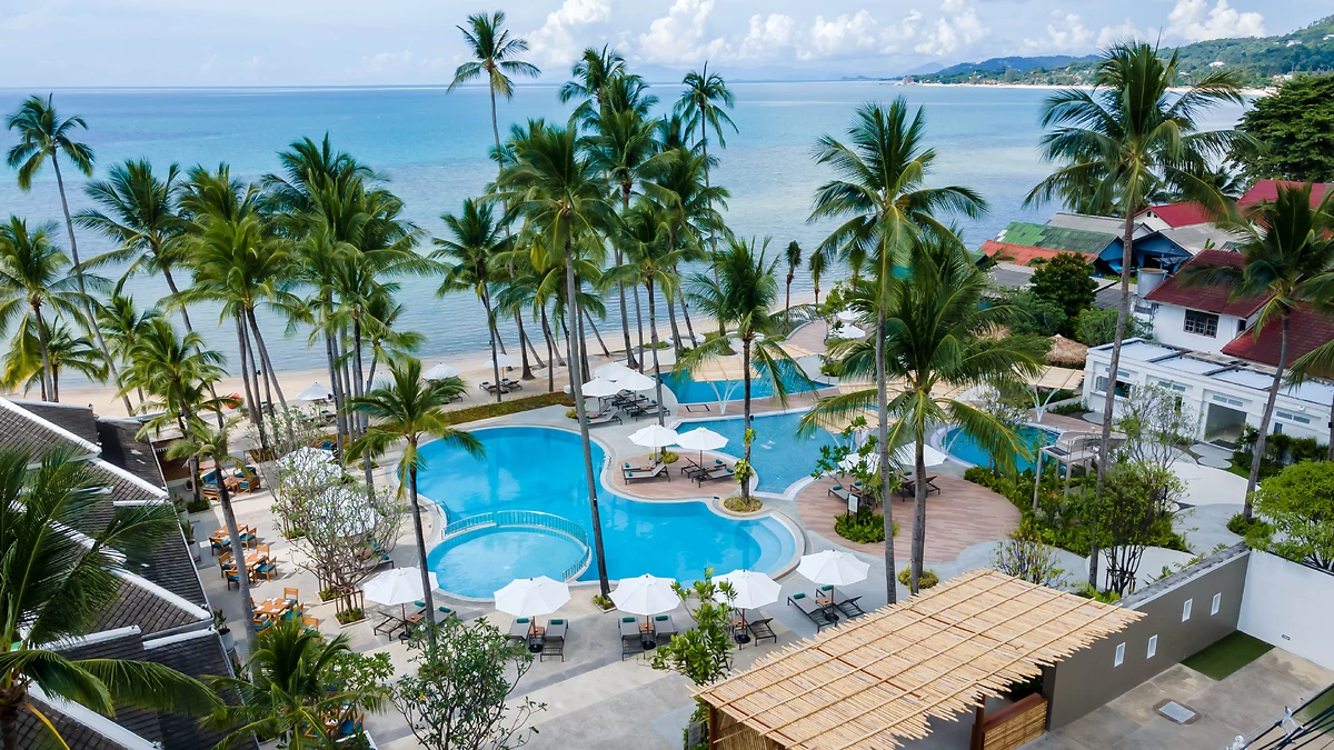 Vue aérienne de la piscine, Outrigger Koh Samui Beach Resort, Thaïlande
