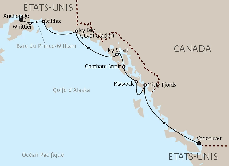 Carte Passage intérieur de l&rsquo;Alaska : les fjords de la Grande Terre