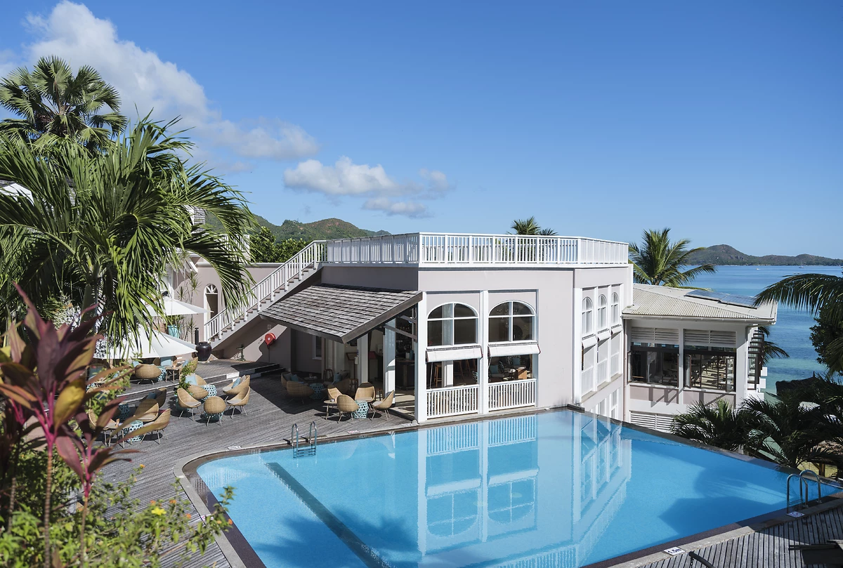 Vue aérienne Bar Ton Francis, Hotel L'Archipel, Seychelles