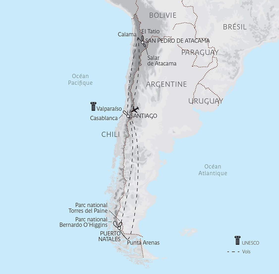 Carte Chili du nord au sud