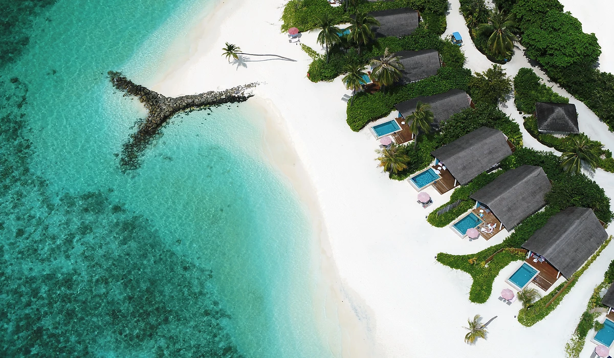 Vue aérienne sur les villas plage, Cora Cora Maldives