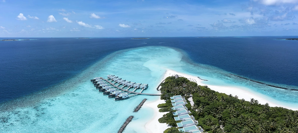 Vue aérienne de l'hôtel, Niva Dhigali Maldives, Atoll de Raa, Maldives