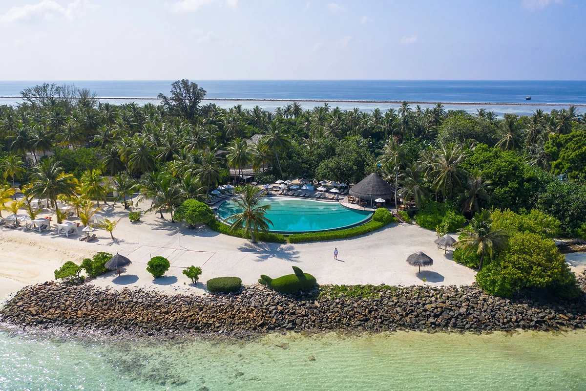 Vue aérienne Veli Bar et plage, LUX* South Ari Atoll, Maldives