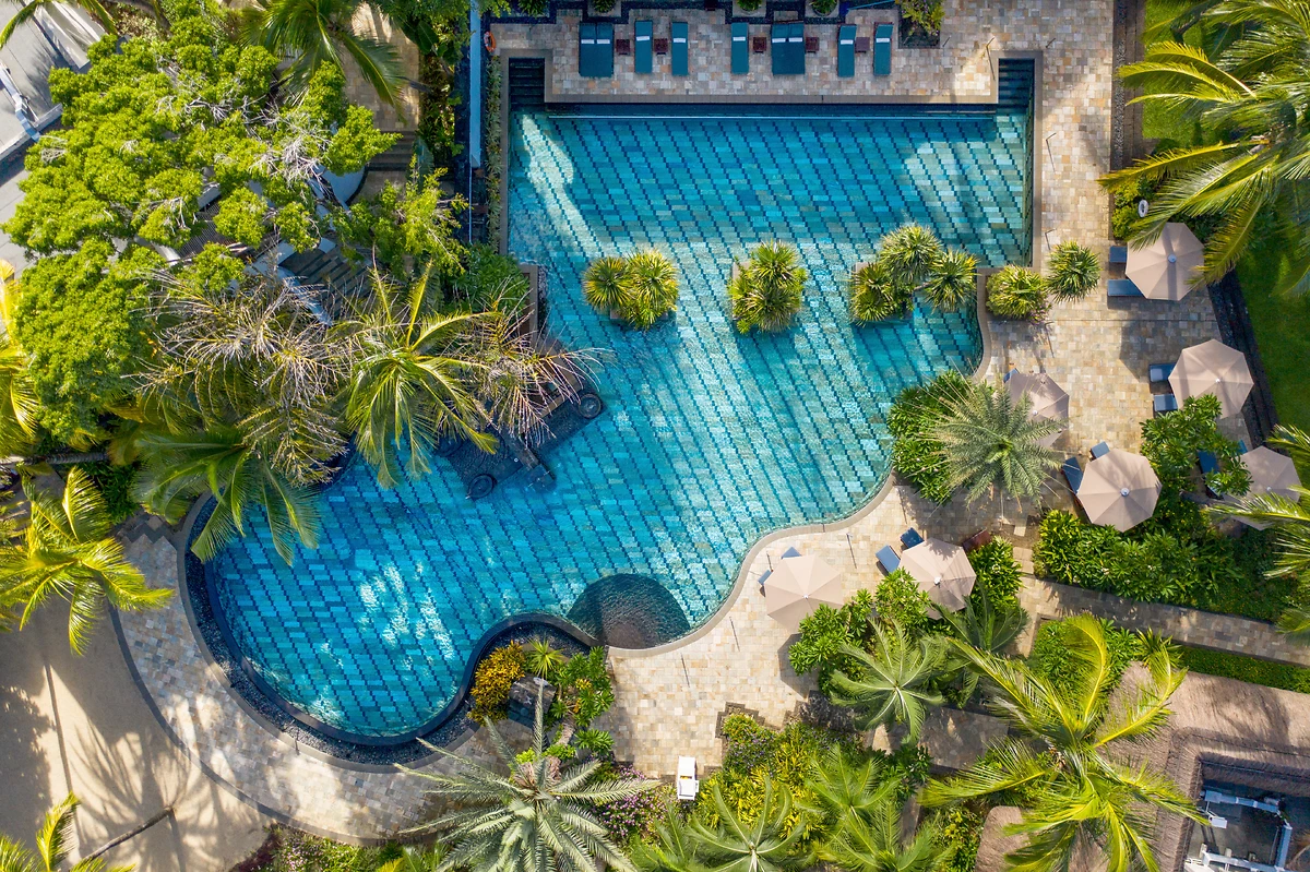 Vue aérienne de la piscine, Shangri-La Le Touessrok, Mauritius, île Maurice