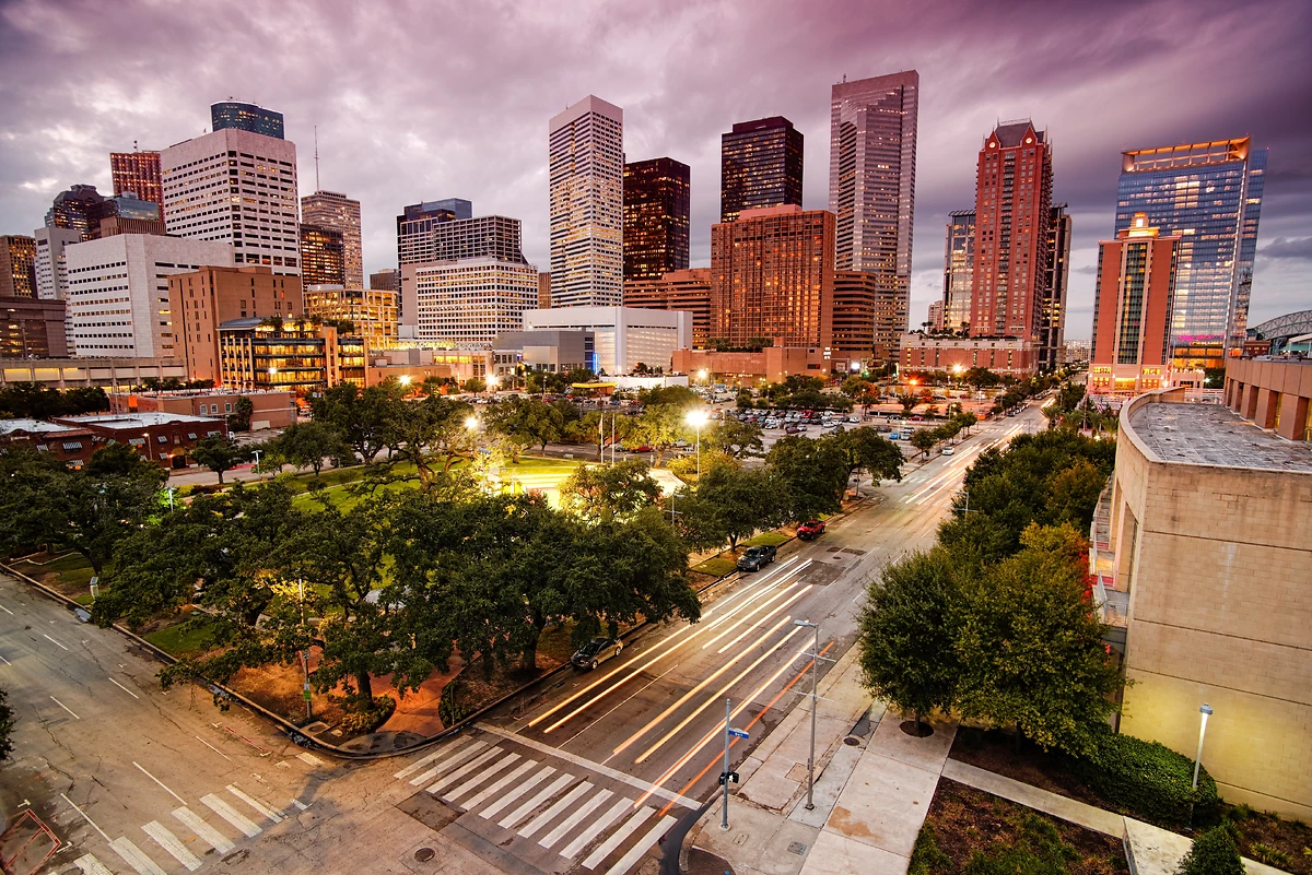 Horizon du centre-ville de Houston au crépuscule, Texas