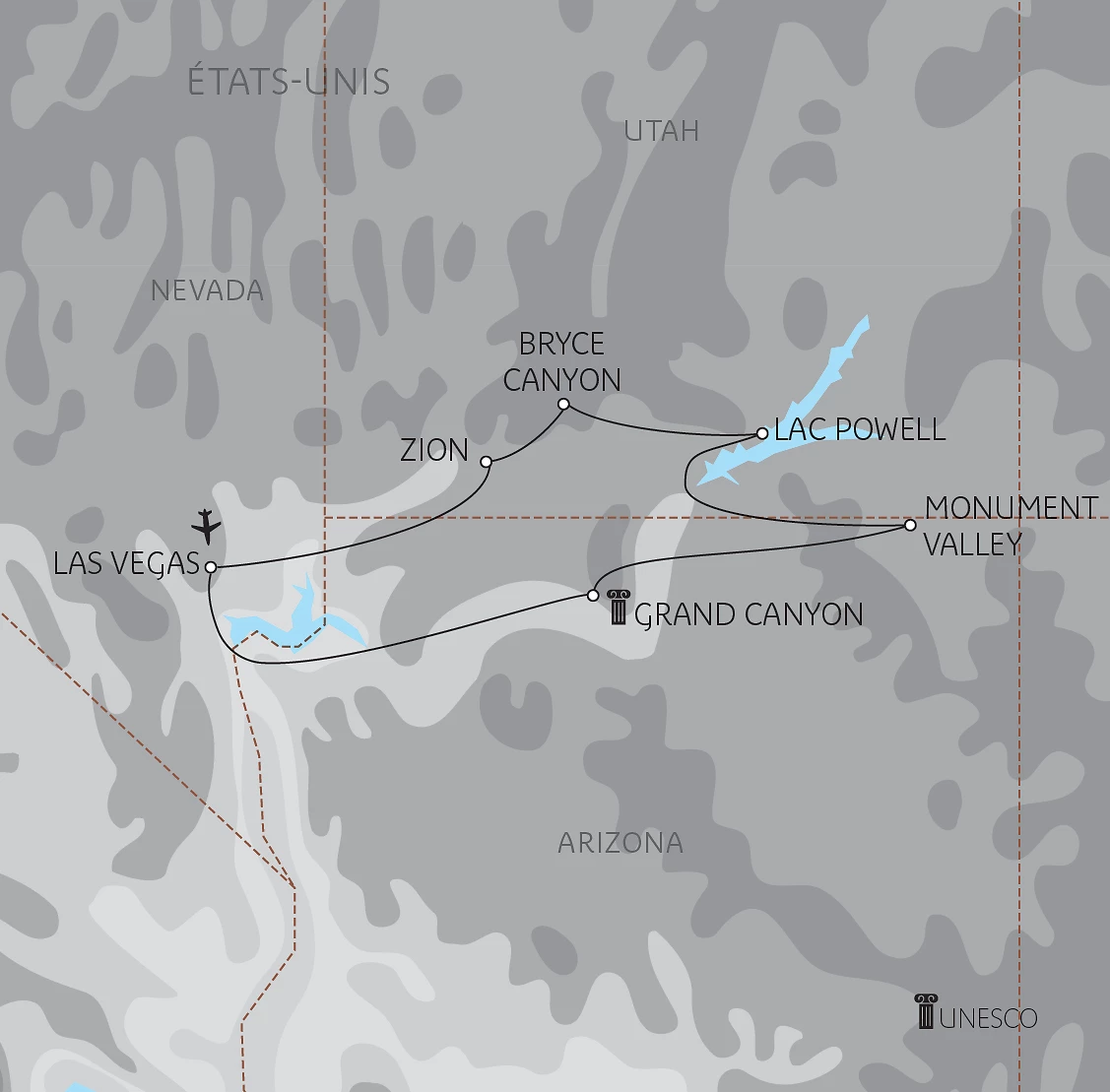 Carte Las Vegas et les parcs de l&rsquo;Ouest
