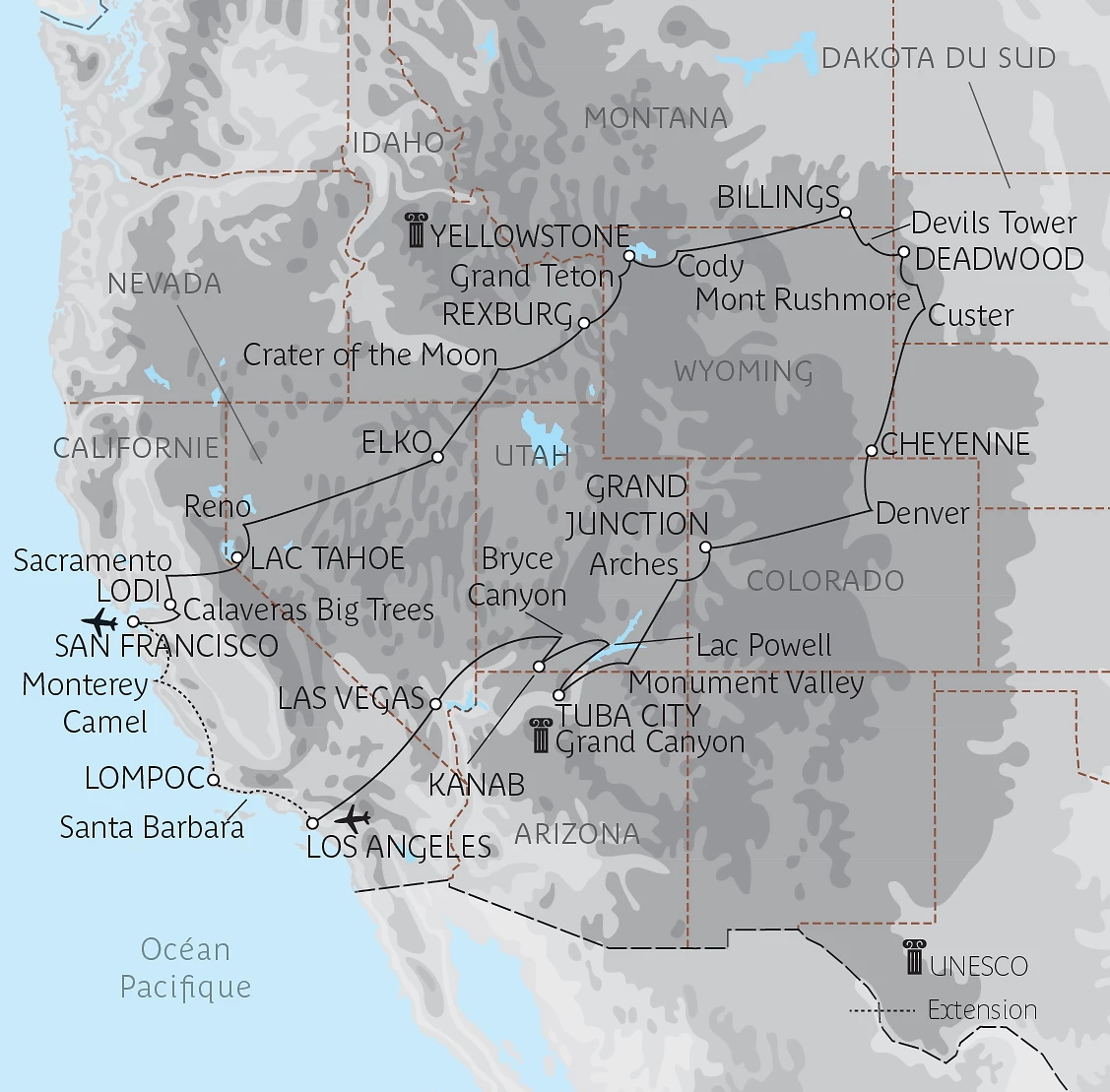 Carte Des Rocheuses américaines au lac Tahoe