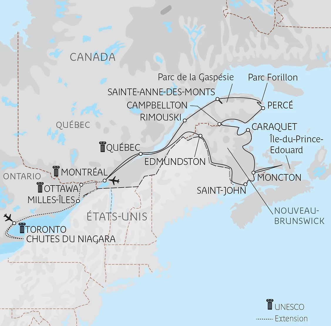 Carte Grand voyage dans l&rsquo;Est canadien et Ontario